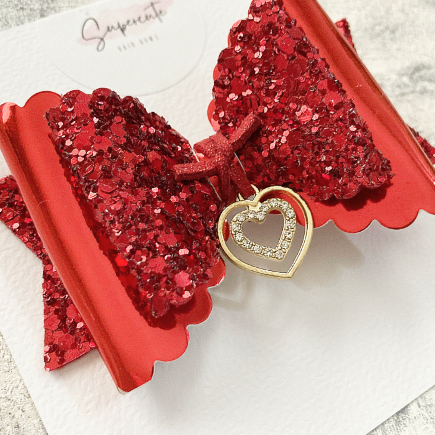 Red Glitter Heart Charm Hair Bow
