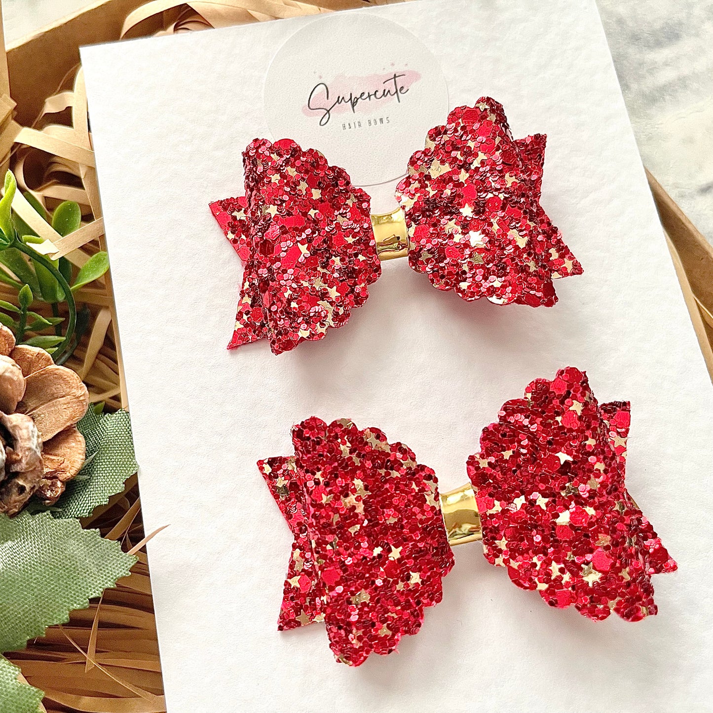 Red & Gold Glitter Mini Pigtail Bows