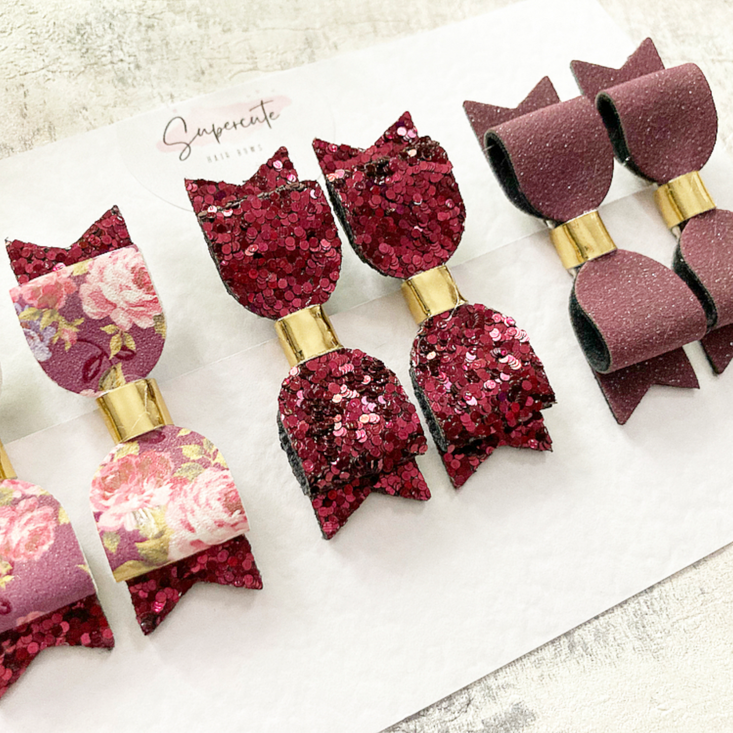 Plum Floral Micro Pigtail Hair Bow Set