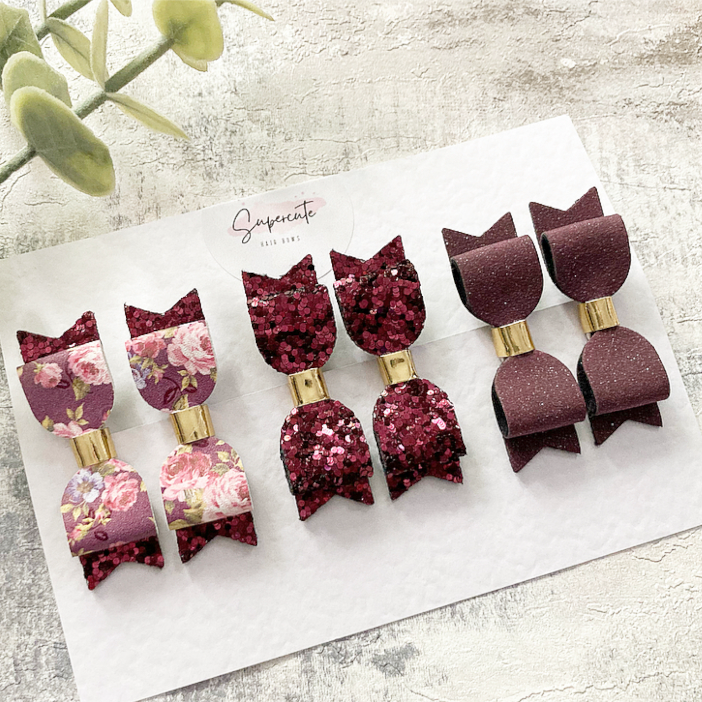 Plum Floral Micro Pigtail Hair Bow Set