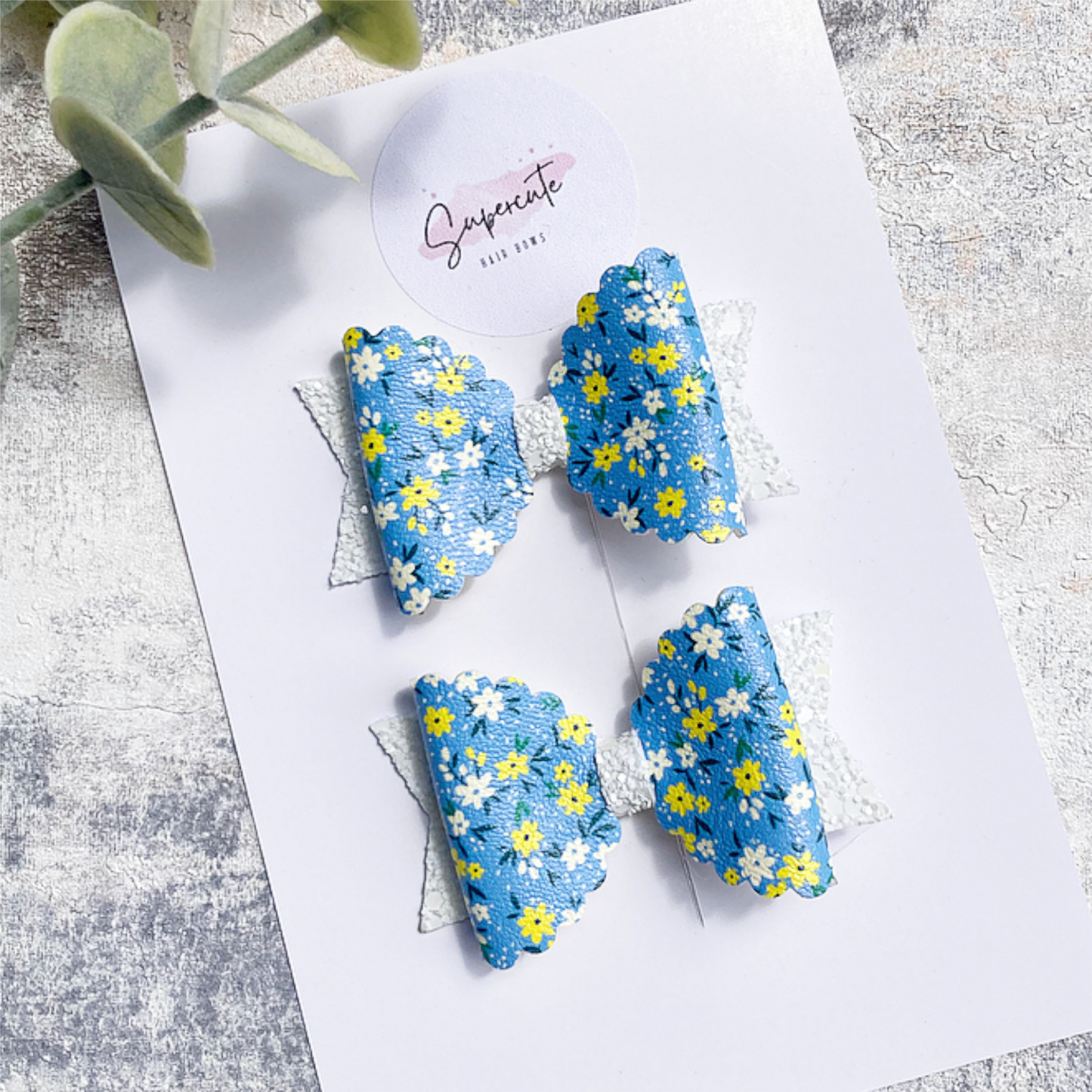 Blue Floral Mini Pigtail Bows