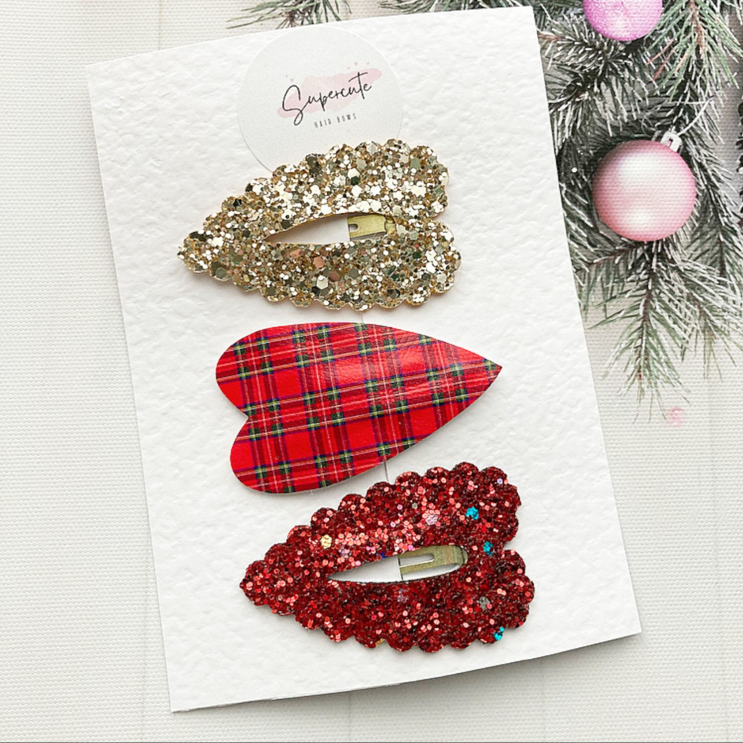 Tartan Large Heart Snap Clip Trio