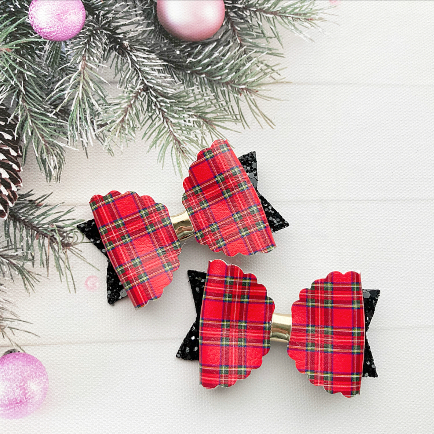 Red Tartan Leatherette Mini Piggy Bows