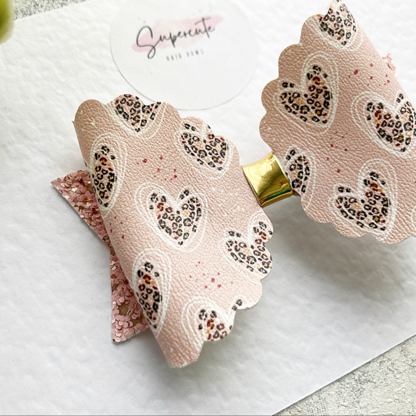 Leopard Heart Leatherette Hair Bow