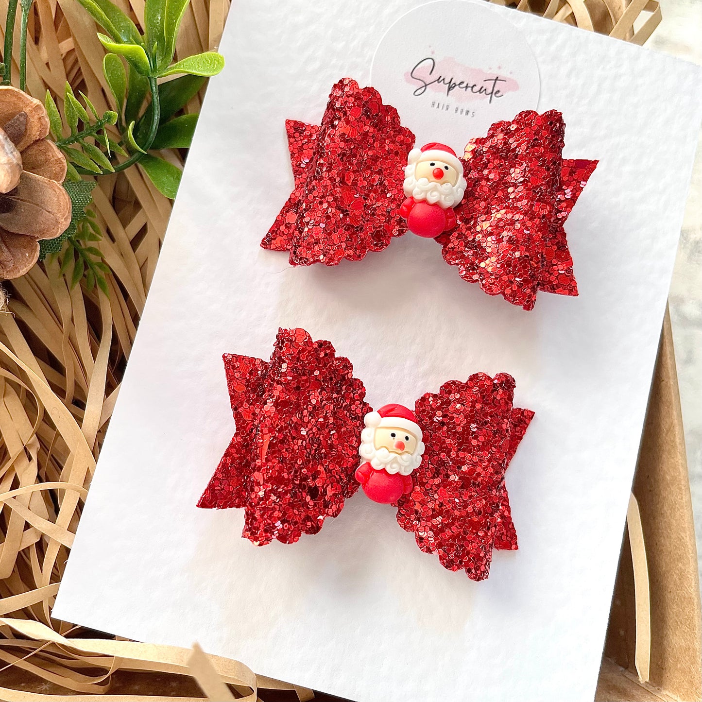 Red Glitter Santa Pigtail Bows