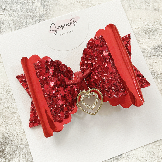 Red Glitter Heart Charm Hair Bow