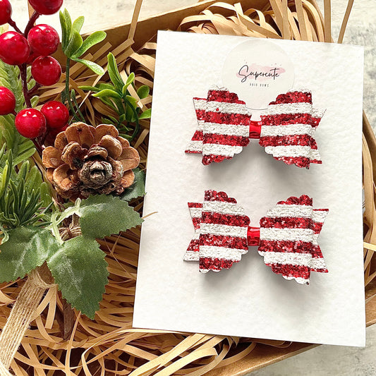 Red & White Stripe Mini Pigtail Bows