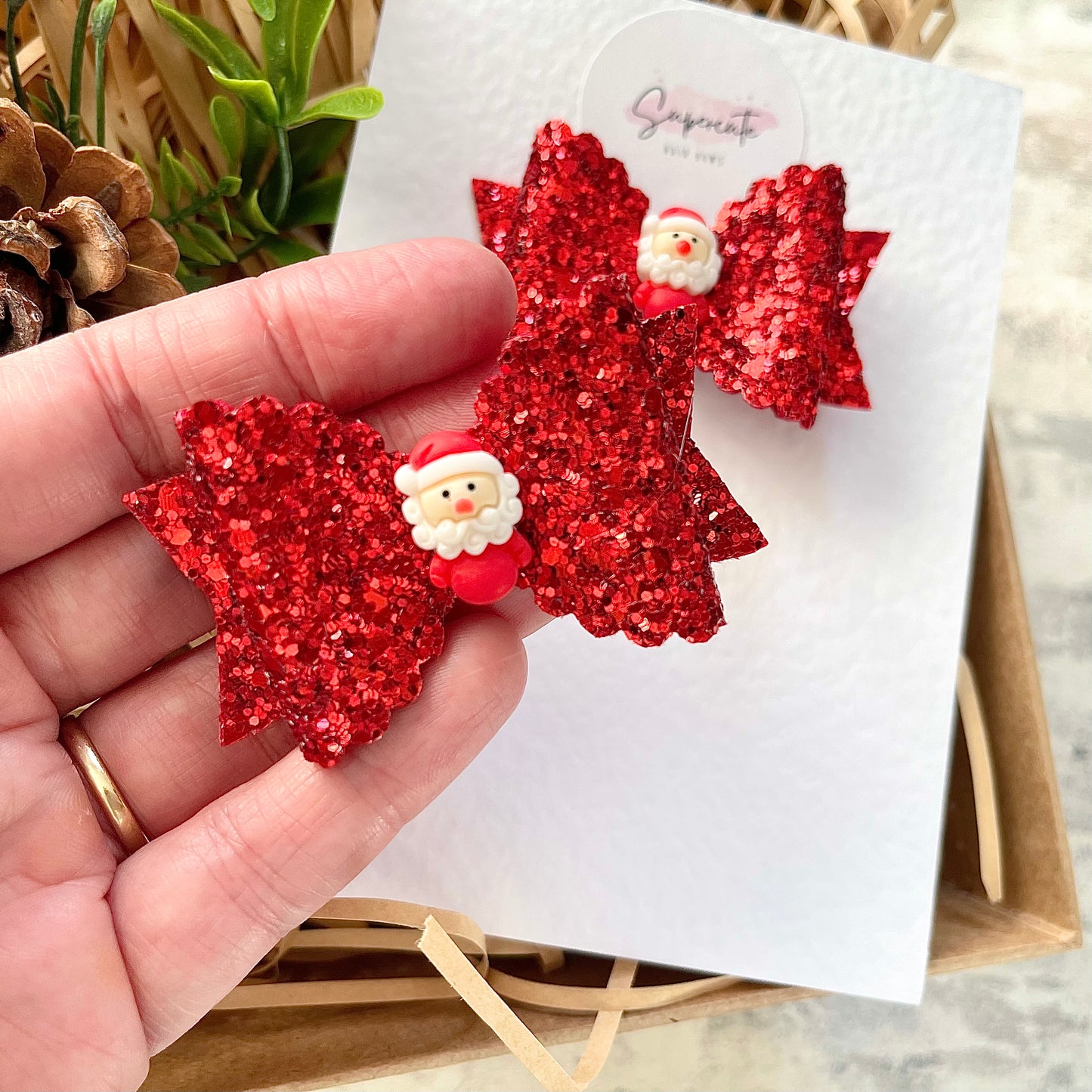 Red Glitter Santa Pigtail Bows
