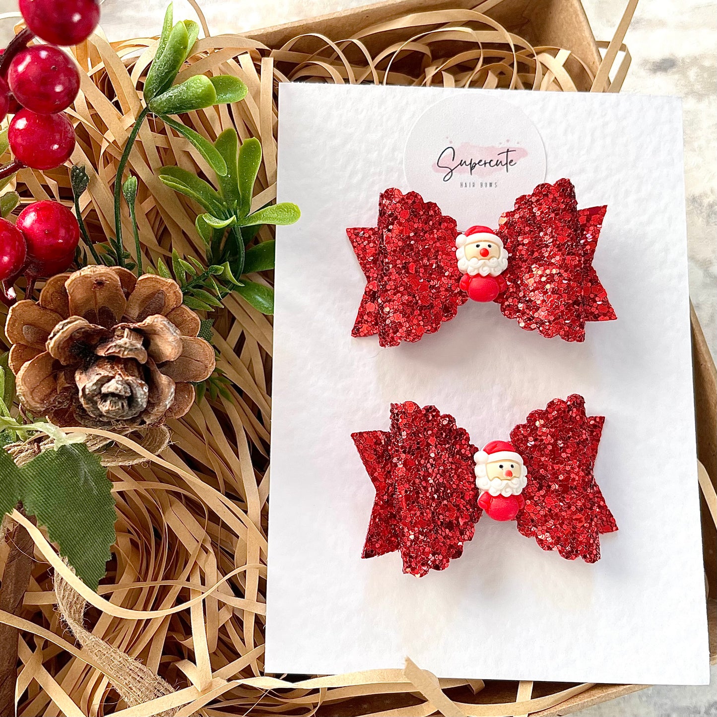 Red Glitter Santa Pigtail Bows