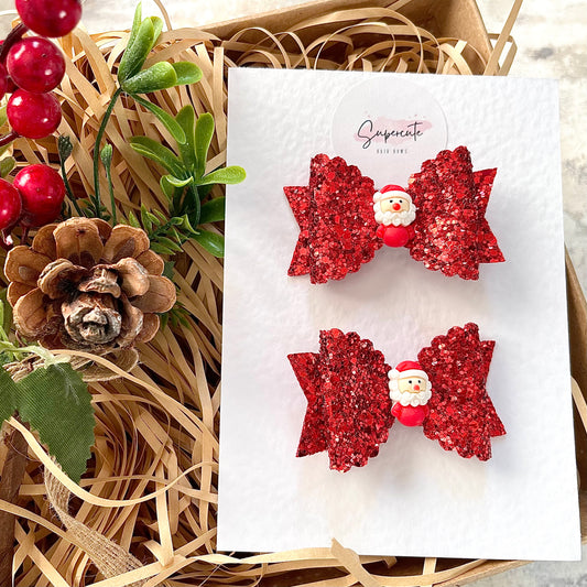 Red Glitter Santa Pigtail Bows