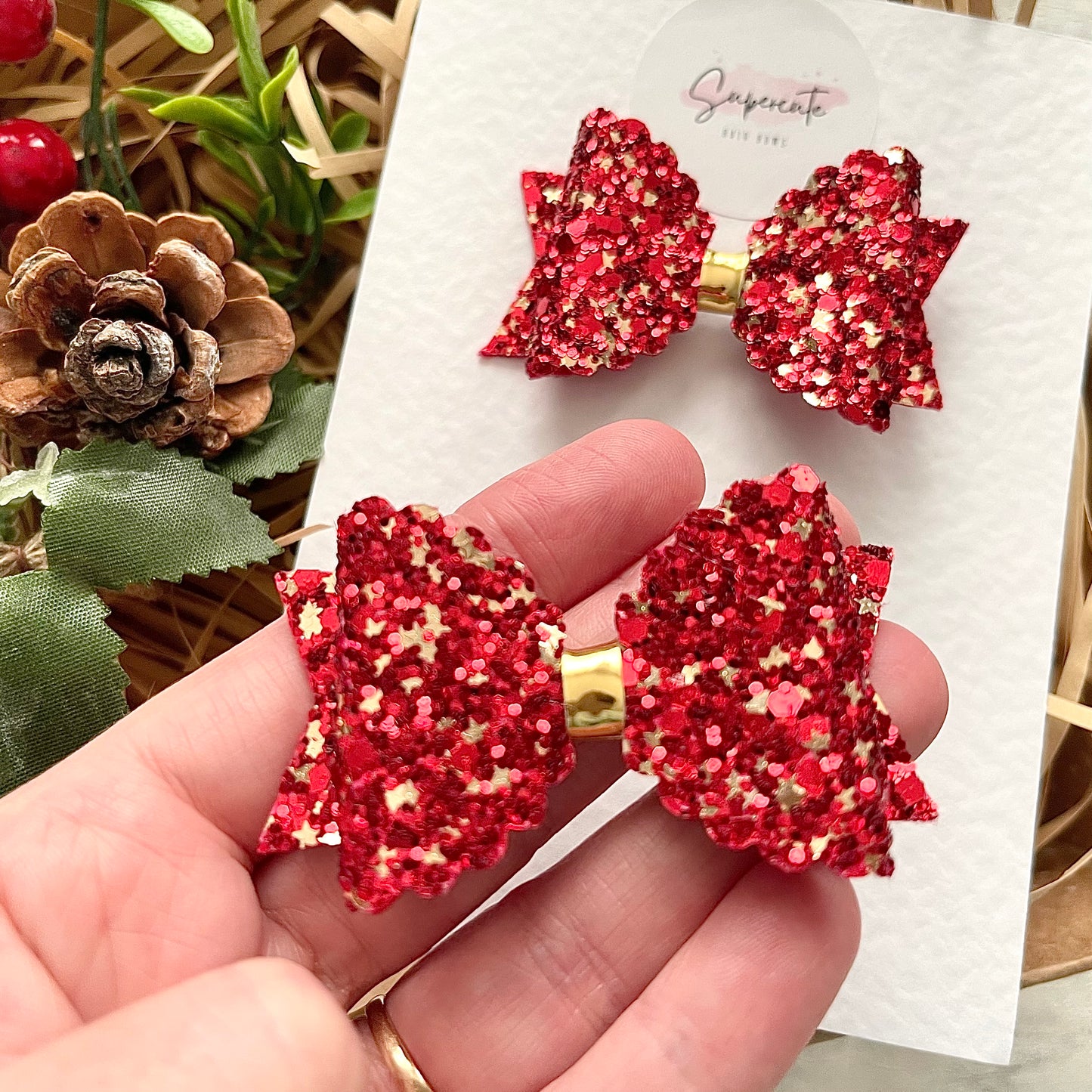 Red & Gold Glitter Mini Pigtail Bows
