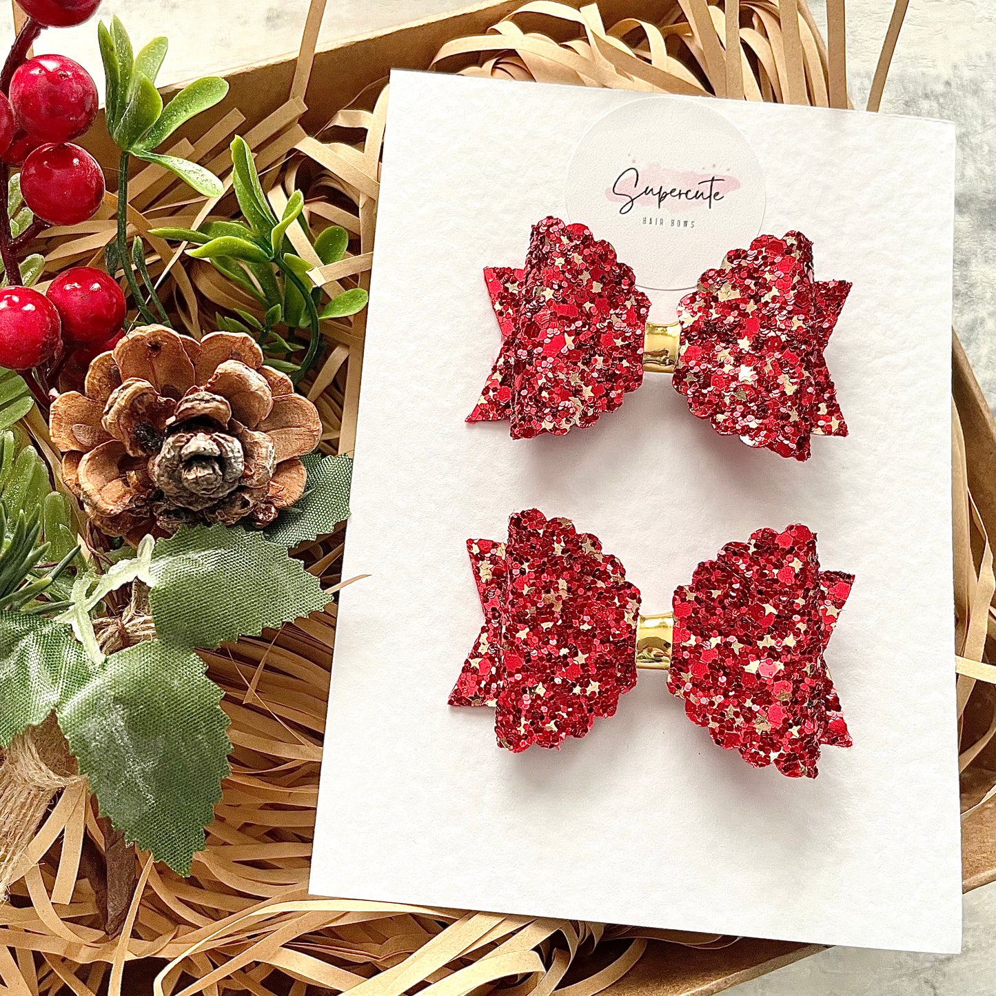 Red & Gold Glitter Mini Pigtail Bows