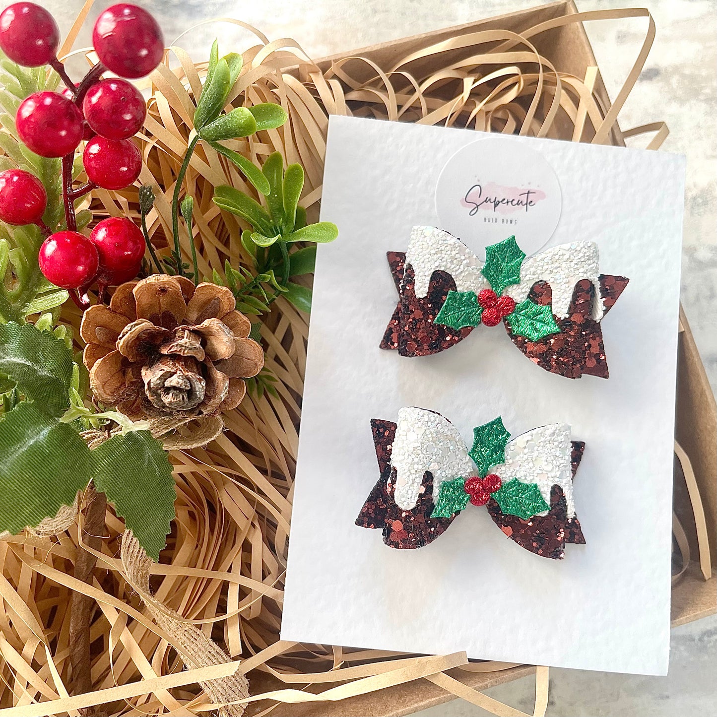 Christmas Pudding Mini Pigtail Bows