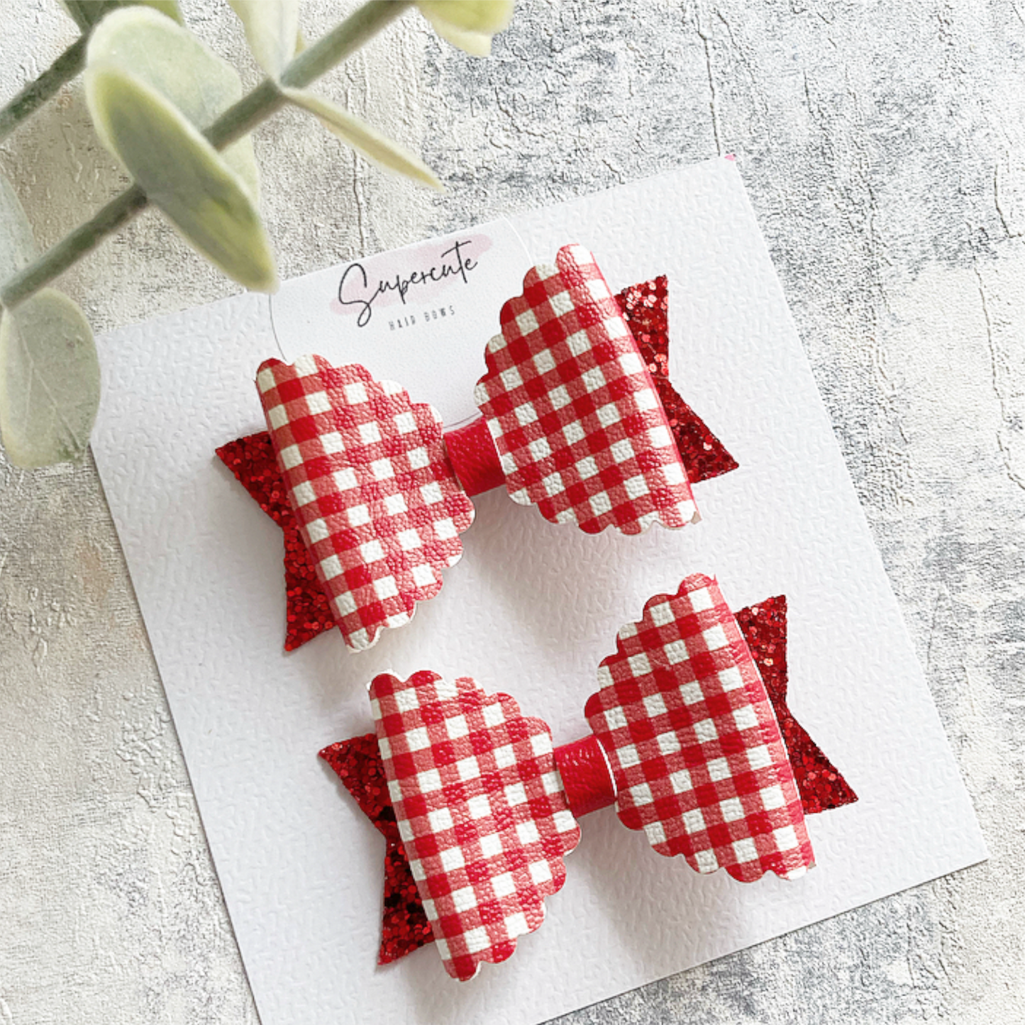 Gingham Leatherette Pigtail Hair Bows