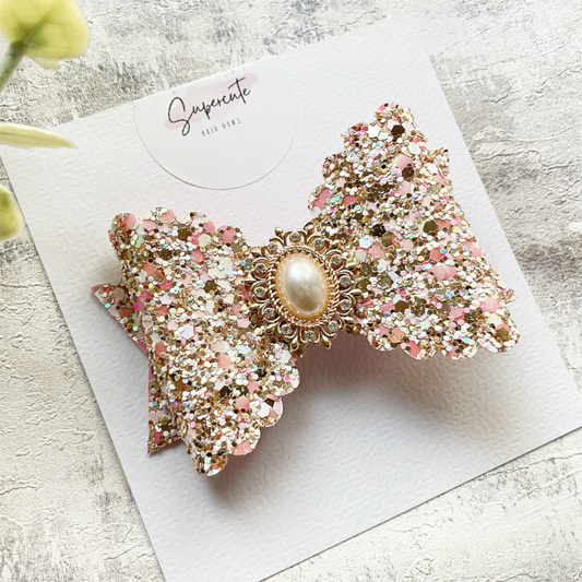 Luxury Chunky Glitter & Pearl Gold Mix Hair Bow