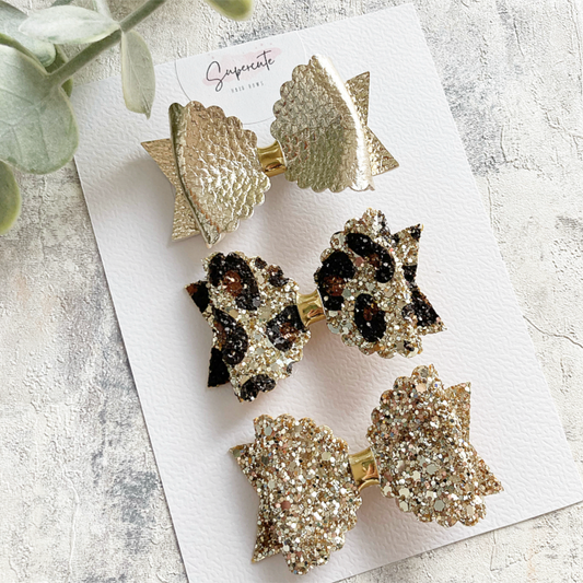 Gold Leopard Print Mini Bow Trio 2.5” Hair Clips