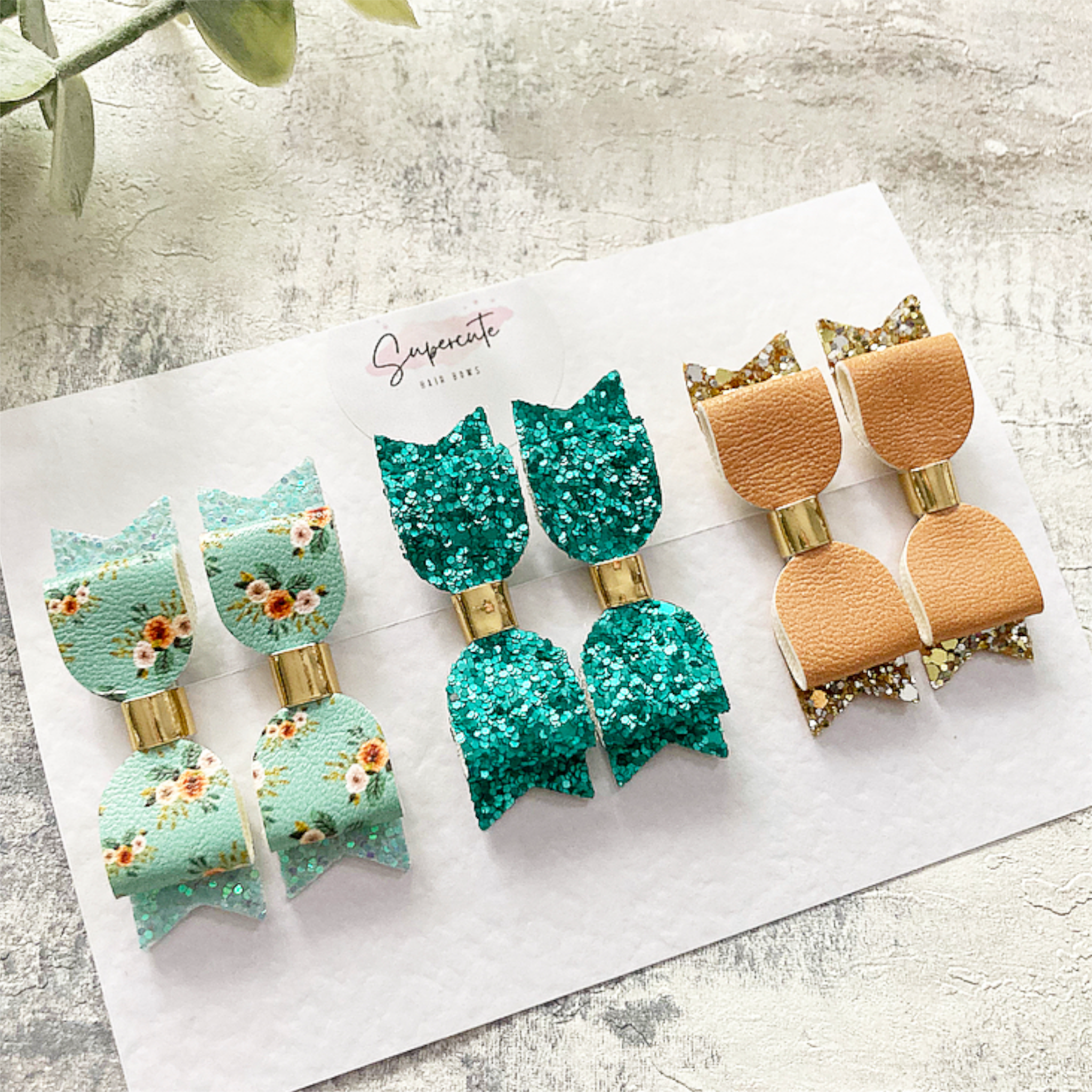 Green Micro Pigtail Bow Clip Set
