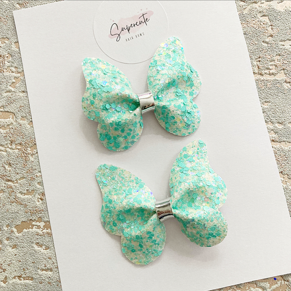 Aqua Butterfly Pigtail Bows