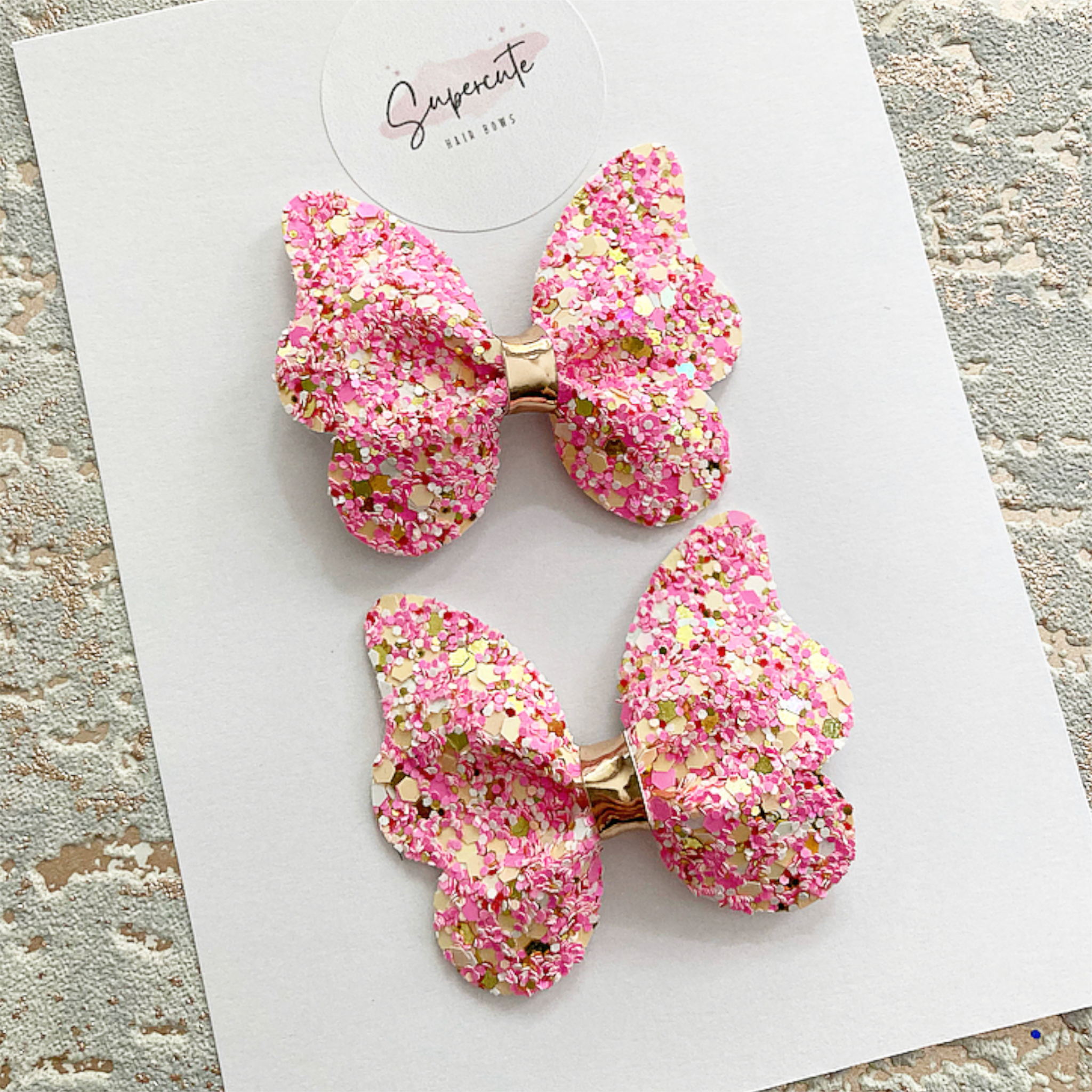 Pink & Gold Butterfly Pigtail Bows