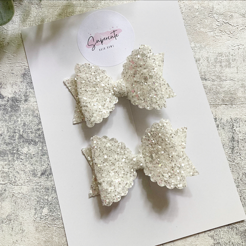 Coconut White Glitter Pigtail Bows