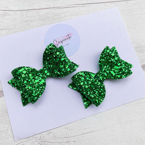 Emerald Green Glitter Mini Pigtail Hair Bows