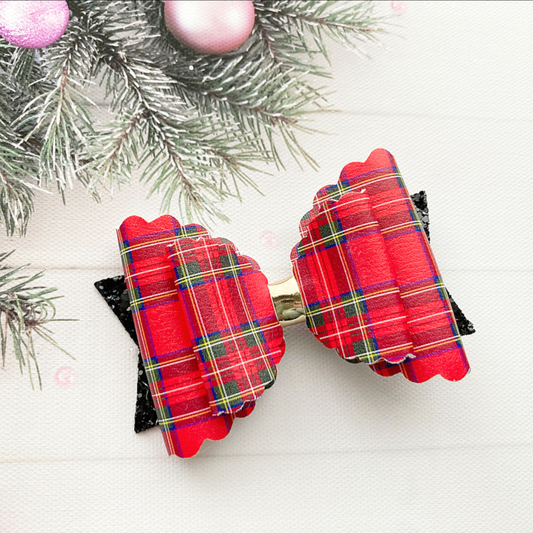 Red Tartan Leatherette Hair Bow