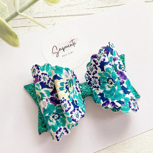 Teal Floral Leatherette Hair Bow